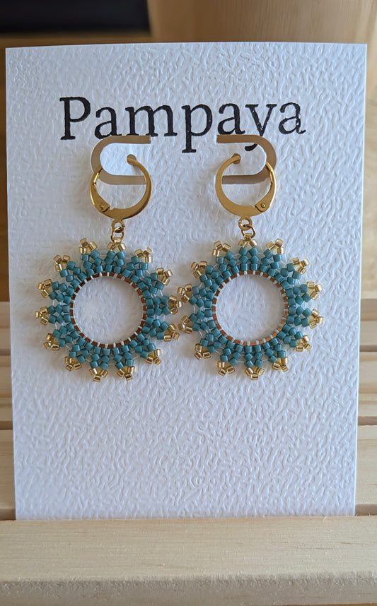 Vue détaillée des boucles forme marguerite en tissage herringbone perles de verre bleu vert