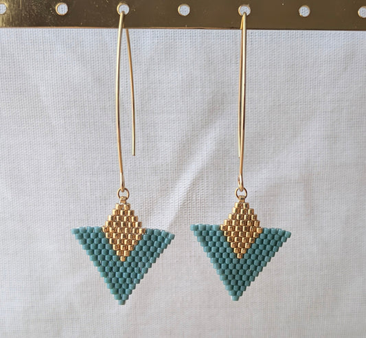 Boucles d'oreilles en perles Miyuki couleur turquoise et dorées - Bijou suspendu artisanal français Pampaya