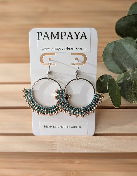 Créoles artisanales en perles miyuki - Bleu vert