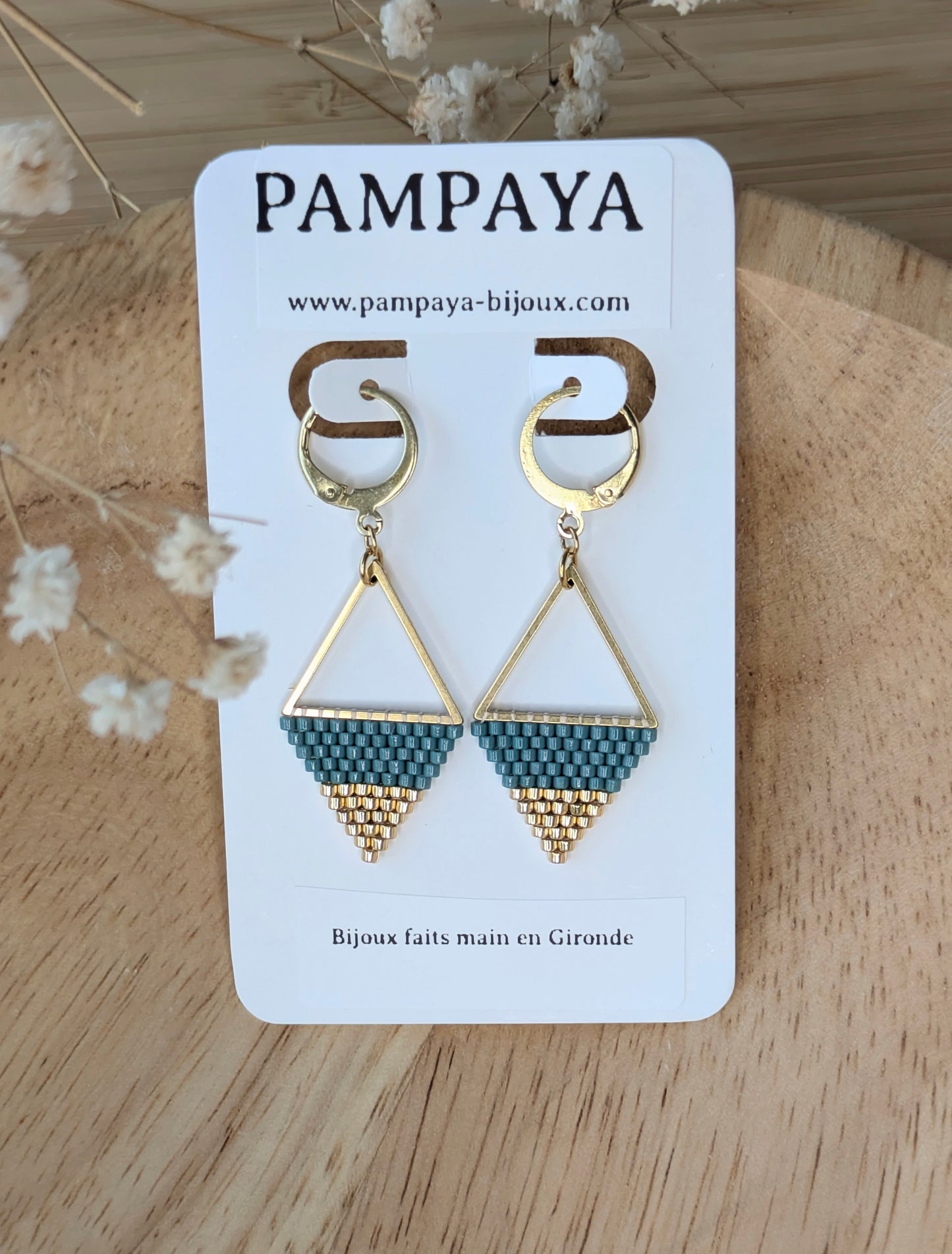 Boucles d'Oreilles Triangle - Bleu vert et doré