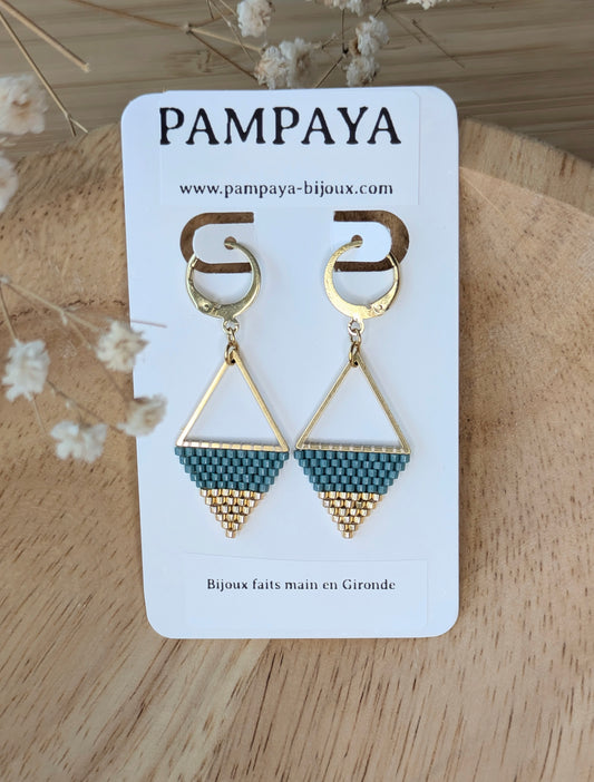 Boucles d'Oreilles Triangle - Bleu vert et doré
