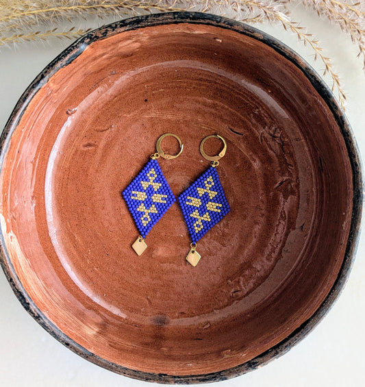 Boucles d'oreilles ethniques INDIANA bleues en perles miyuki- Vue principale